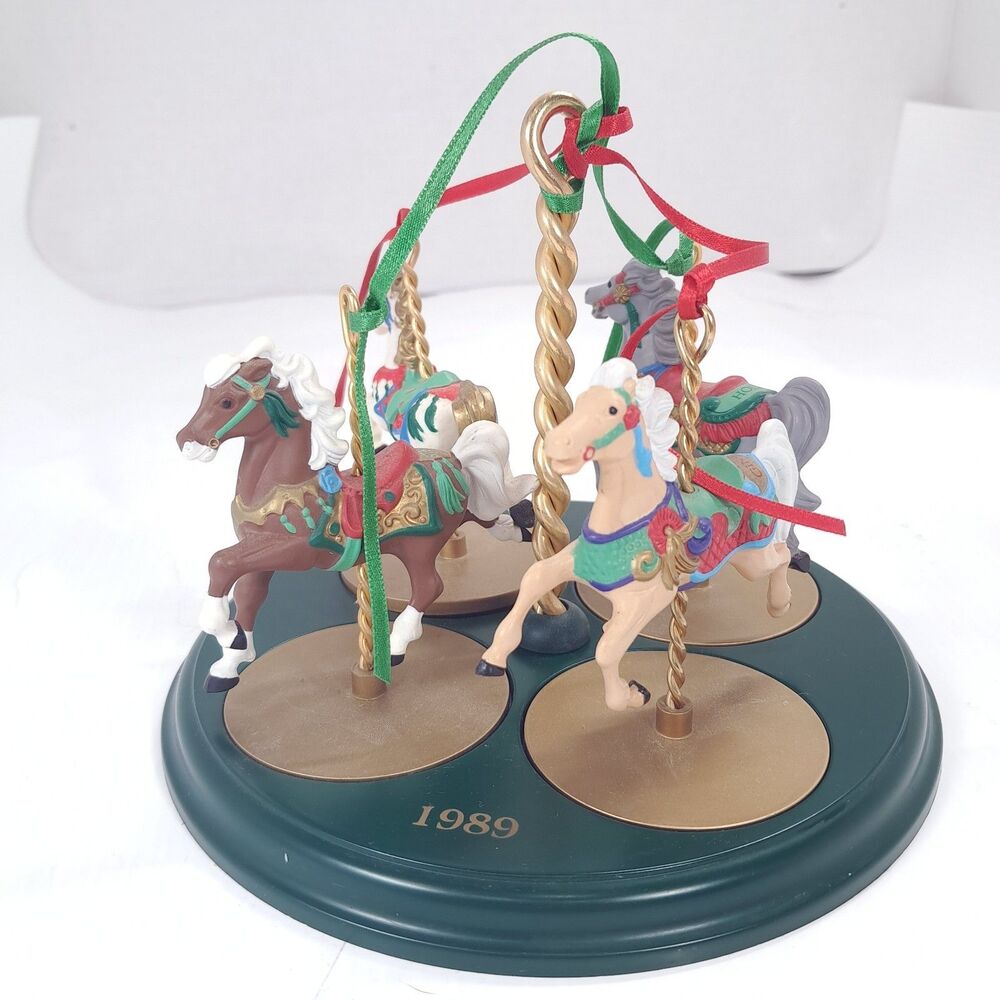 Hallmark Christmas Carousel Horses 1989 Set & stand Ginger Snow Holly Star Vntge